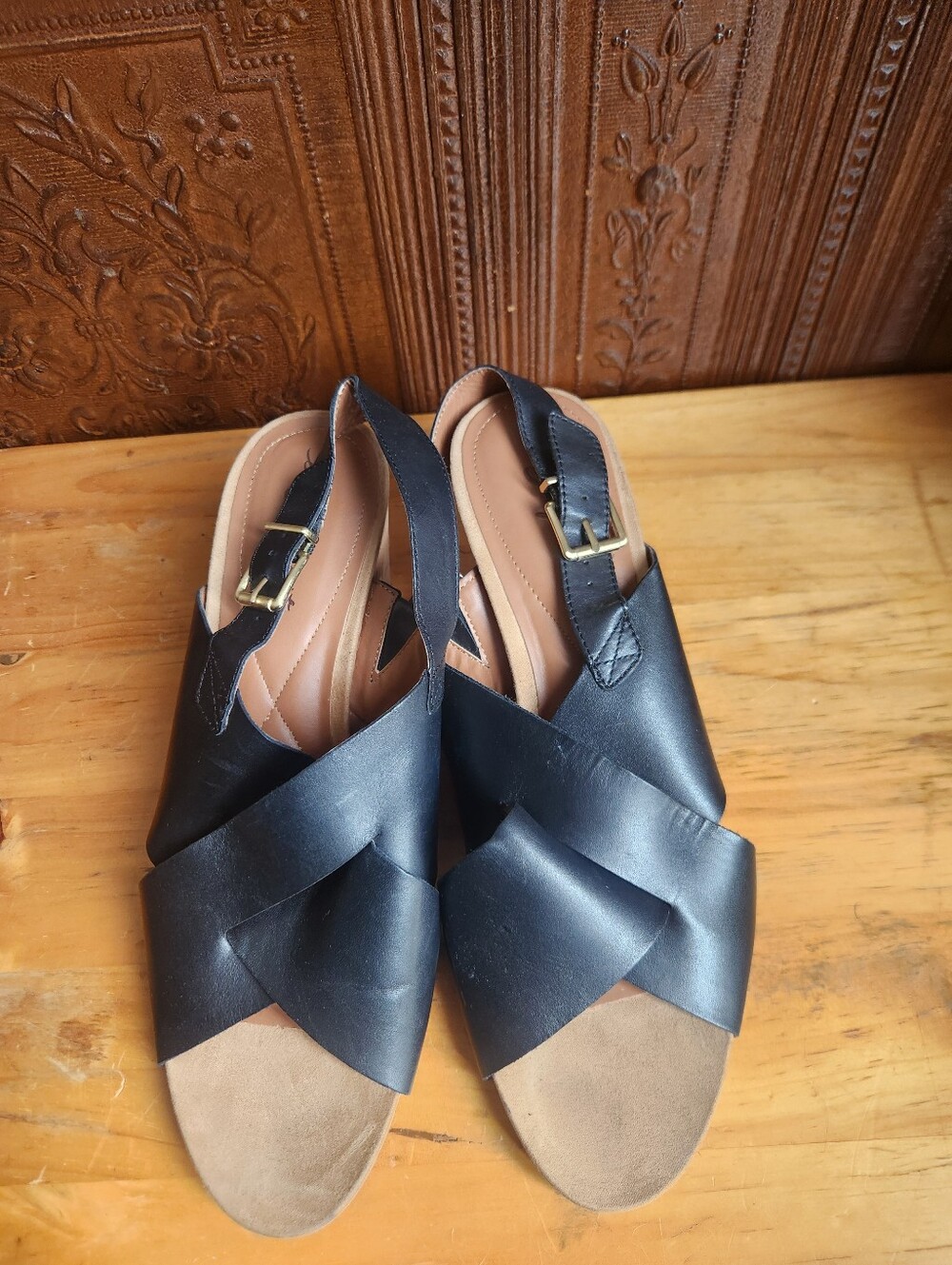 EASY SPIRT Black WedgeLeather Sandal Sz 11M